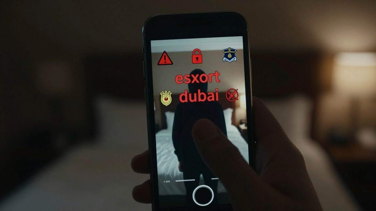 A phone screen showing a suspicious &#039;esxort dubai&#039; social media post with warning icons, hand hovering uncertainly above it.