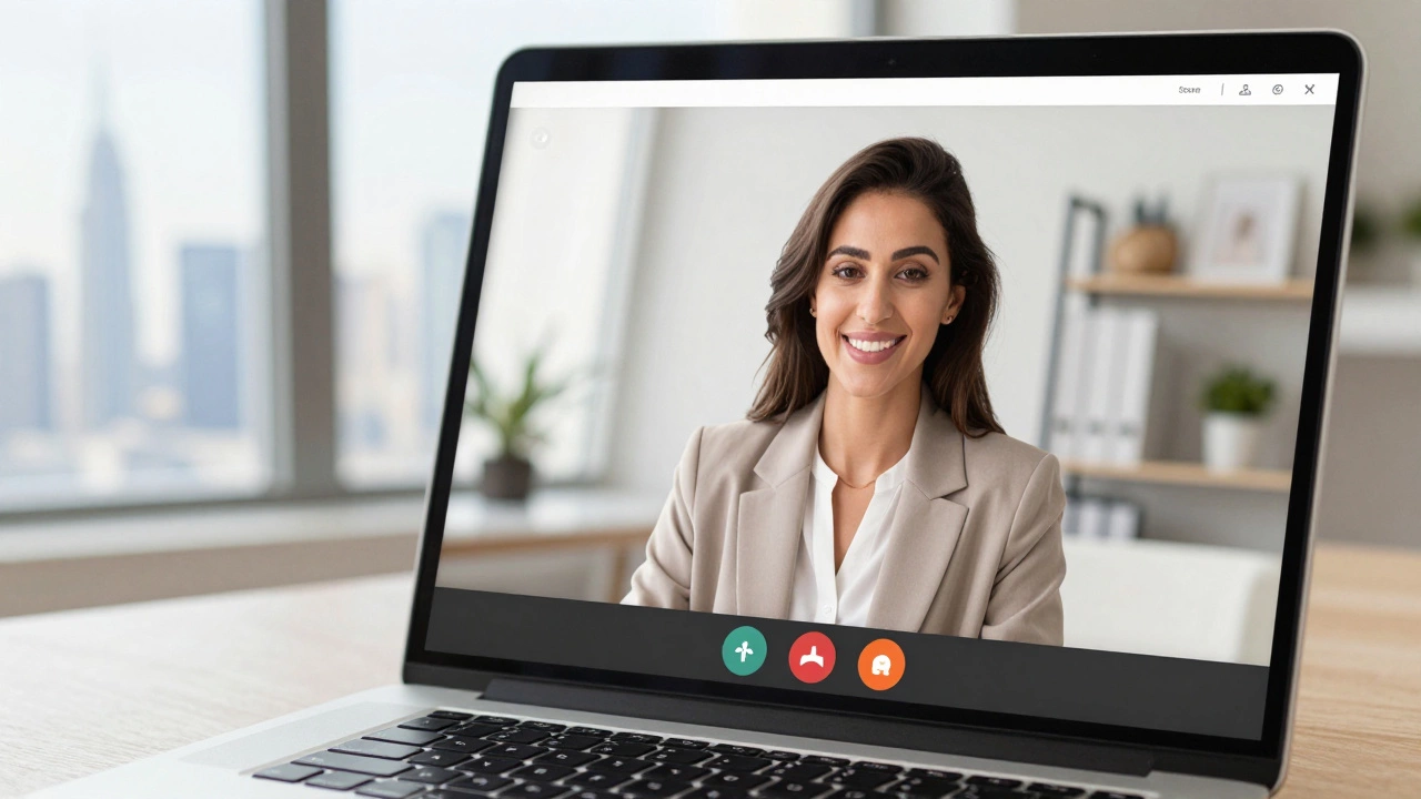 A professional woman on a secure video call, smiling warmly with Dubai skyline visible through a window, no suggestive content.