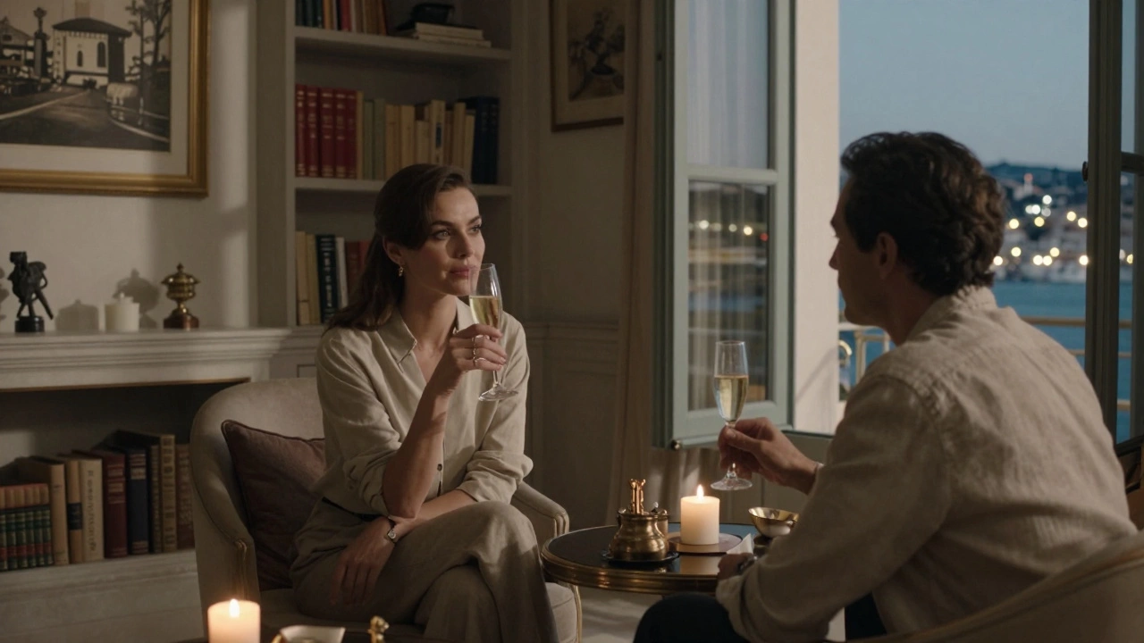 Two people share quiet time in a luxurious villa lounge, candlelight glowing beside books and art.